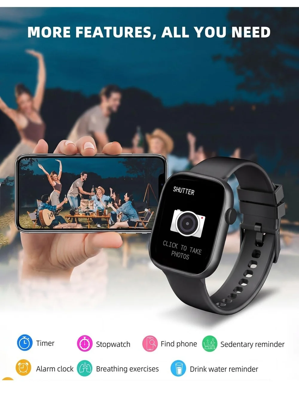 Black Smartwatch with Silicone Band - Touchscreen 1.83
